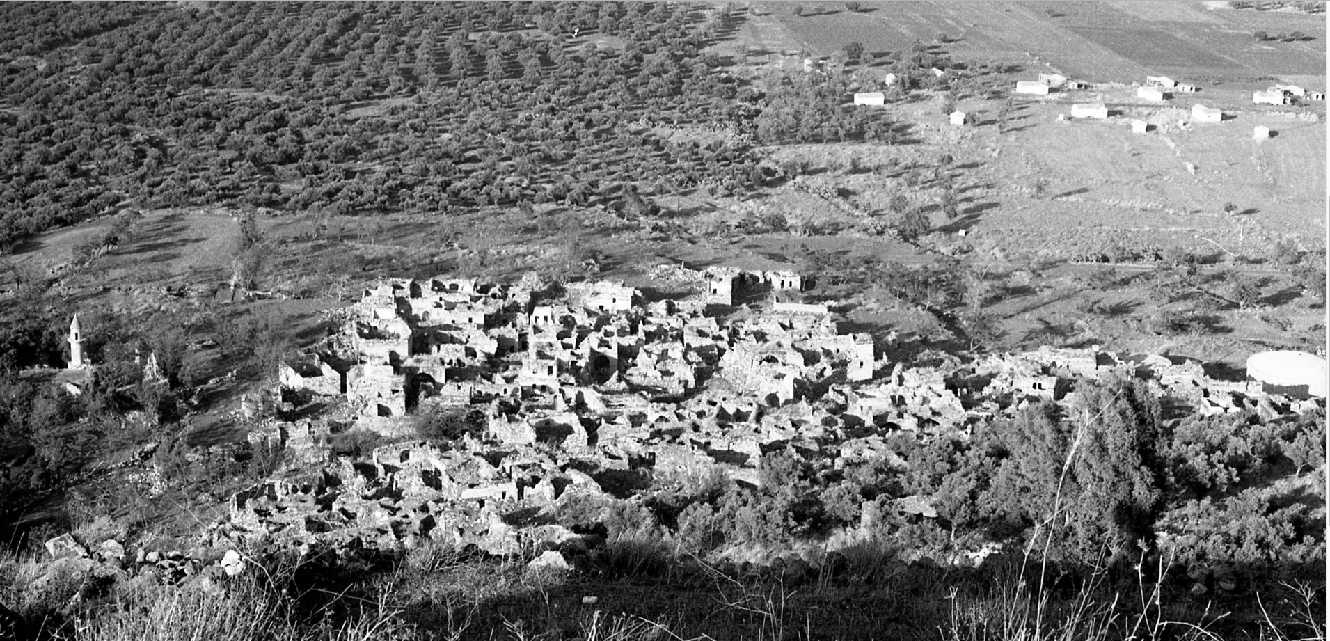 Ruins of vernacular basalt stone houses in Hittin